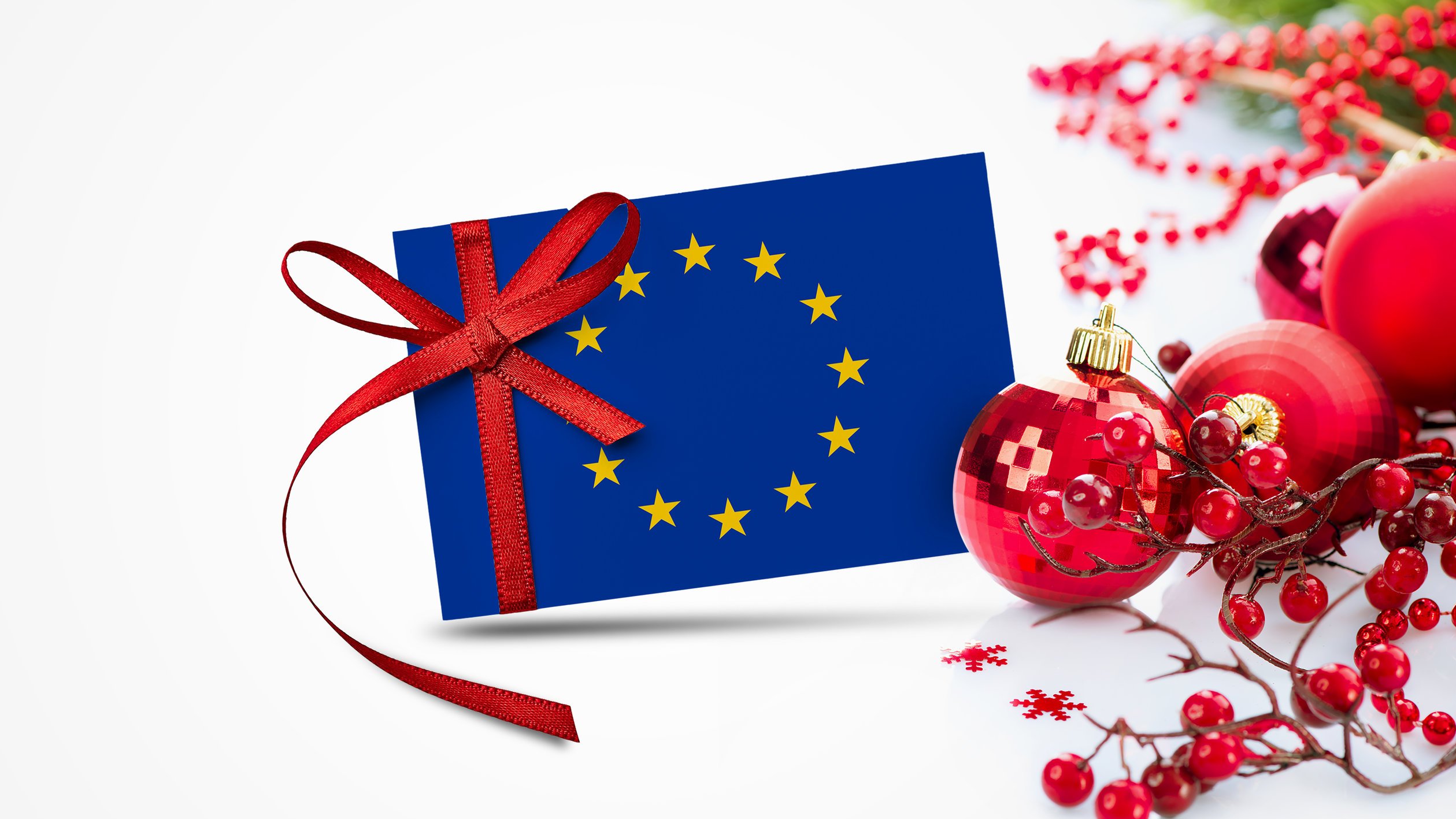 European Union flag on new year invitation card with red christm